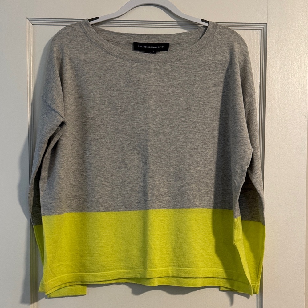 French Connection Gray and Yellow Crew Neck Sweater